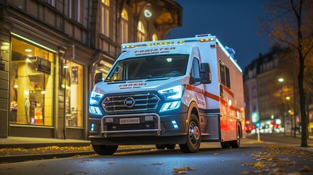 Ambulanza con lampada di sirena in città di notte