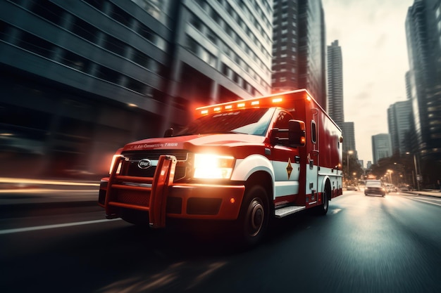 Ambulanza di emergenza 911 si muove velocemente di notte American City Downtown District con motion blur