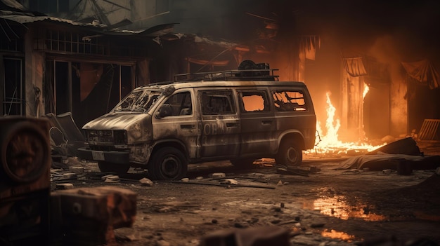 Ambulanza distrutta bruciata nel mezzo dello sfondo di distruzione della città della zona di guerra