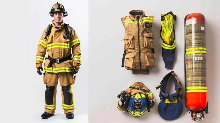 Photo american fireman standing his uniform white background alongside his fire service personnel gear