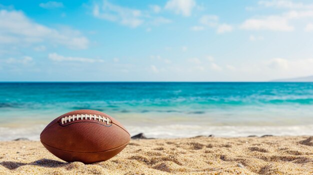 American Football Ball On The Beach sullo sfondo con Copyspace American Football Summer Season