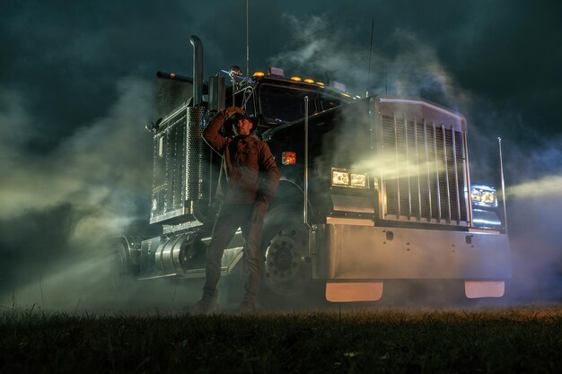 American Semi Truck Driver e il suo veicolo durante la notte nebbiosa Trasporto marittimo terrestre Industria automobilistica