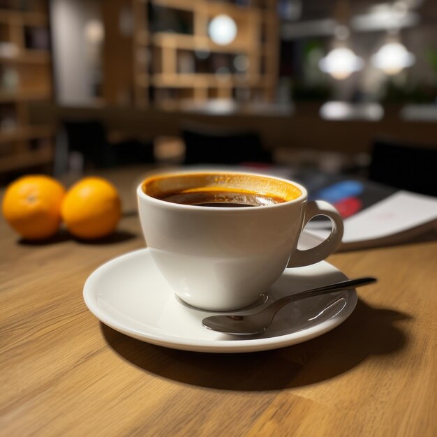 Americano in una tazza bianca su uno sfondo di legno chiaro fotografia professionale bello succoso e