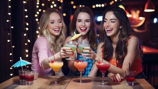 Amiche che bevono al bar sono sedute a un tavolo di legno con i cocktail