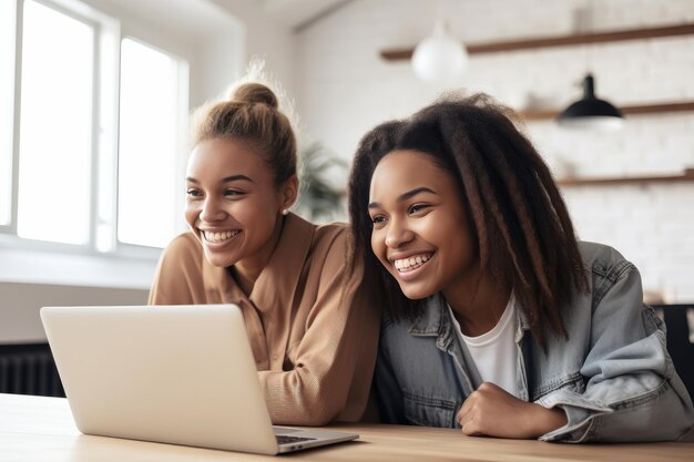 Amiche diverse allegre che utilizzano il computer portatile