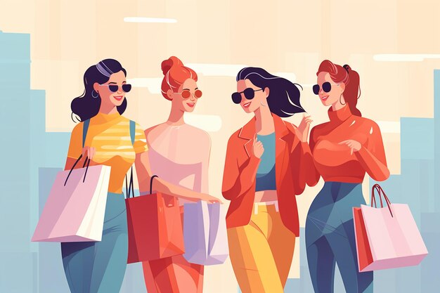 amiche vettoriali che si divertono a fare shopping insieme