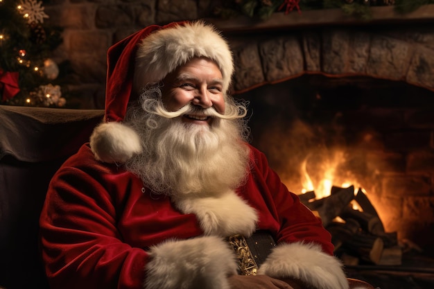 Amichevole Babbo Natale seduto accanto a un caminetto e sorridente mentre guarda la telecamera