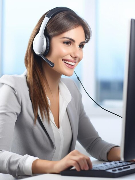 amichevole donna sorridente operatore di call center con cuffie che usa il computer in ufficio