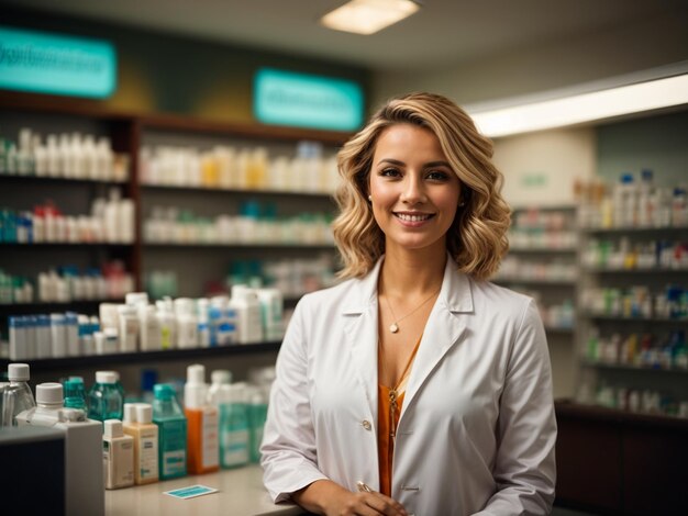 Amichevole farmacista donna in piedi dietro il bancone di una farmacia