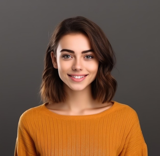 Amichevole giovane donna sorridente con bel ritratto di viso girato in studio