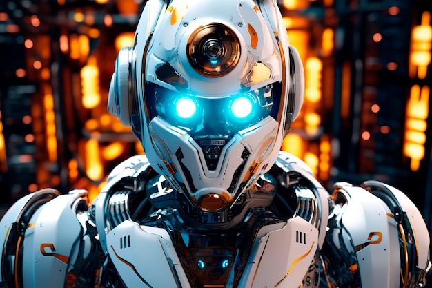 Amichevole robot spaziale con corpo in metallo e luminosi occhi illuminati