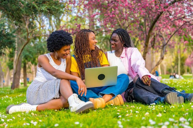 Amici africani che usano il portatile seduti in un parco in primavera