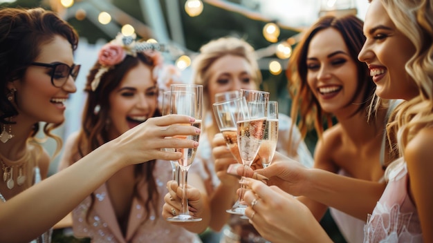 Amici allegri brindano con lo champagne a una festa in giardino al crepuscolo