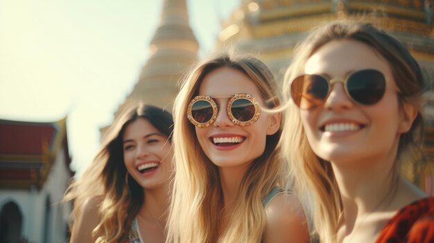 Amici americani concetto di viaggio e turismo Belle ragazze americane in Thailandia wat arun