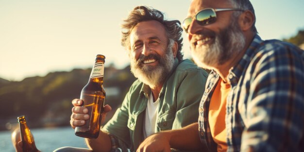 Amici anziani che brindano a bottiglie di birra vicino all'acqua al tramonto