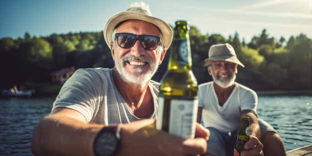 Amici anziani che brindano a bottiglie di birra vicino all'acqua al tramonto