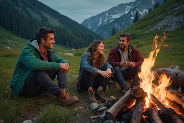 Amici attorno al fuoco di campo in montagna