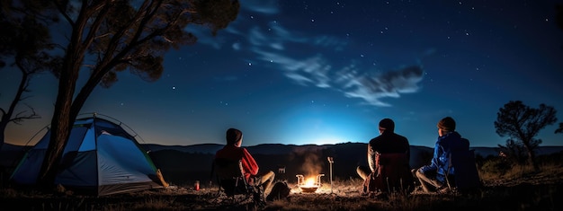 Amici campeggiatori guardano il cielo notturno e le stelle accanto alla loro tenda in natura