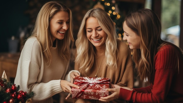Amici che aprono i regali di Natale nel soggiorno
