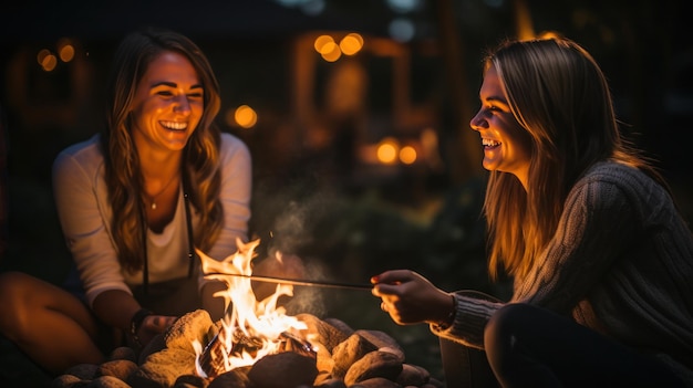 Amici che arrostiscono marshmallow accanto al fuoco