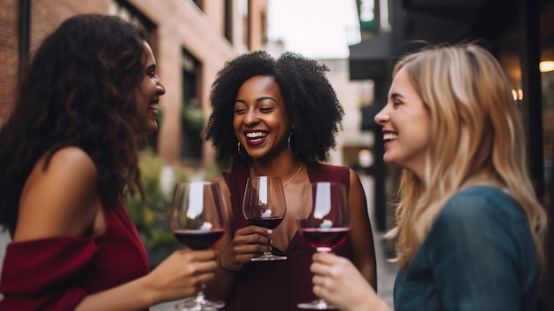 Amici che bevono vino rosso al bar della cantina della città