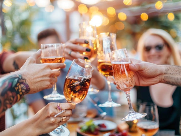 Amici che brindano a bicchieri di vino divertendosi in una terrazza all'aperto del ristorante