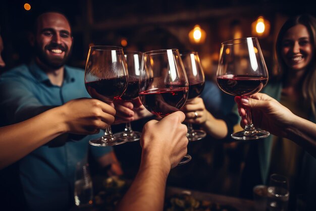 Amici che brindano al bicchiere di vino rosso e si divertono a fare il tifo