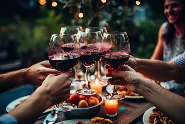 Amici che brindano con il vino in un gioioso raduno Immagine generata dall'intelligenza artificiale