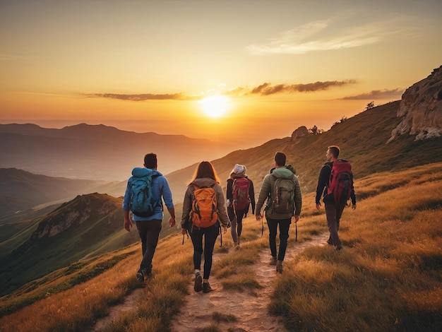 Amici che camminano con gli zaini al tramonto Il concetto di viaggio d'avventura