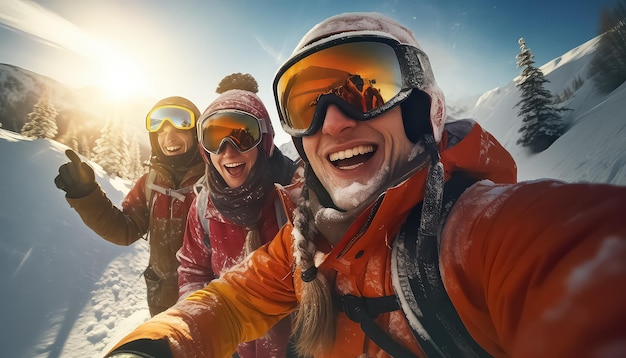 Amici che fanno selfie insieme in una stazione sciistica
