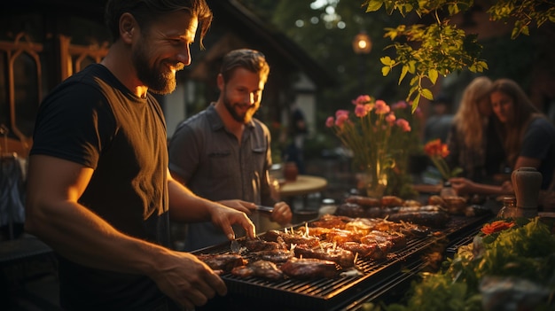 Amici che fanno un barbecue in giardino