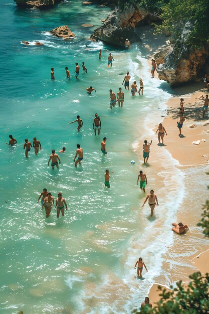 Amici che giocano a calcio su una spiaggia sabbiosa contro i vicini Attività di vacanza sullo sfondo