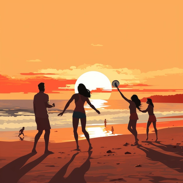 Amici che giocano a pallavolo sulla spiaggia al tramonto