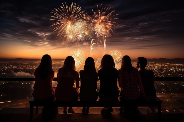 Amici che guardano i fuochi d'artificio e festeggiano il nuovo anno generato dall'intelligenza artificiale