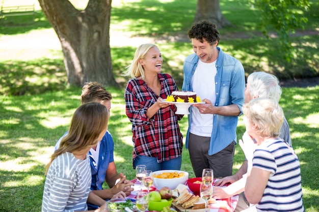 Amici che hanno un picnic con la torta