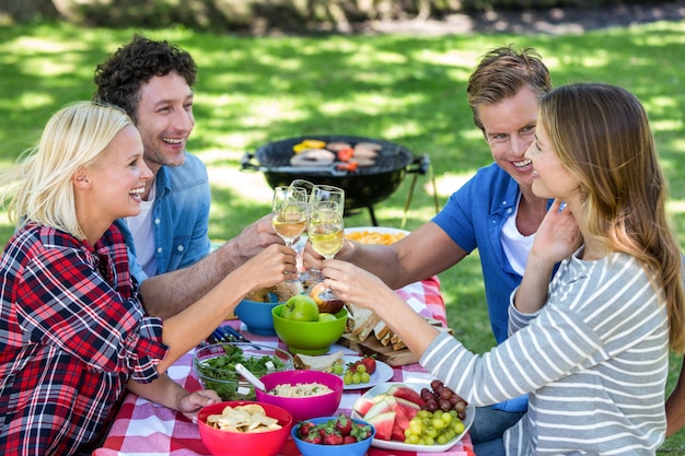 Amici che hanno un picnic con vino