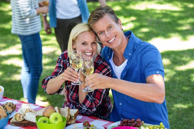 Amici che hanno un picnic con vino