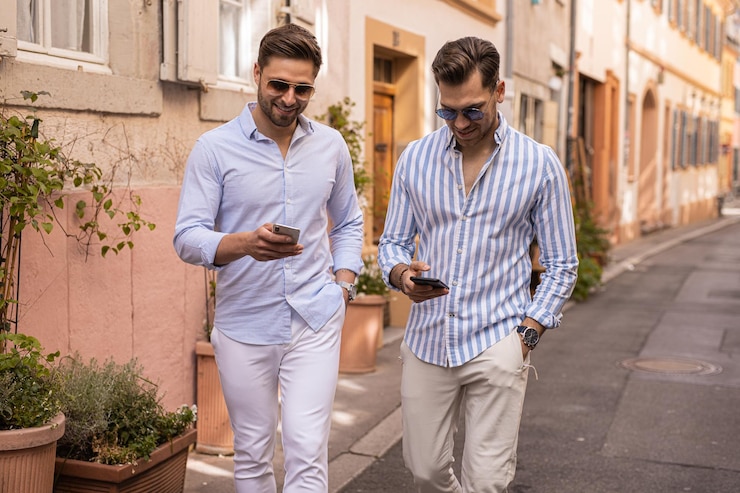 Foto amici che indossano occhiali da sole usando smartphone mentre sono in piedi contro un edificio