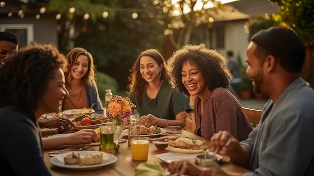 Amici che raccolgono la vita quotidiana mangiando e bevendo insieme