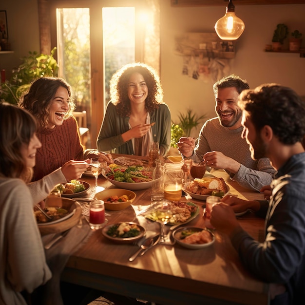 Amici che raccolgono la vita quotidiana mangiando e bevendo insieme