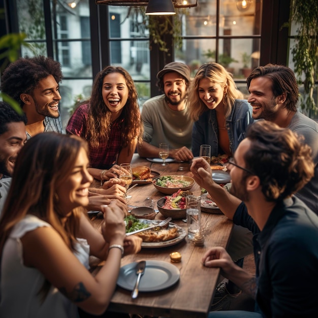 Amici che raccolgono la vita quotidiana mangiando e bevendo insieme