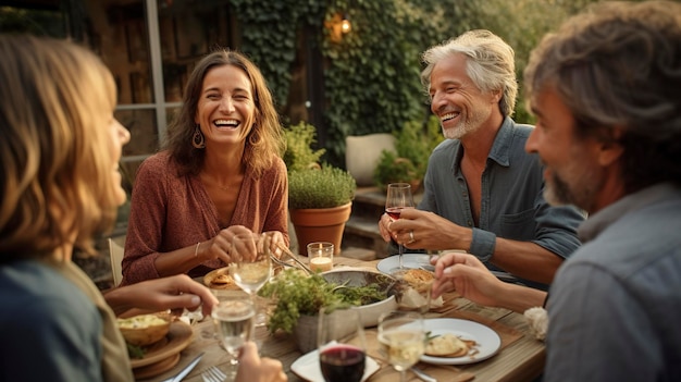 Amici che raccolgono la vita quotidiana mangiando e bevendo insieme