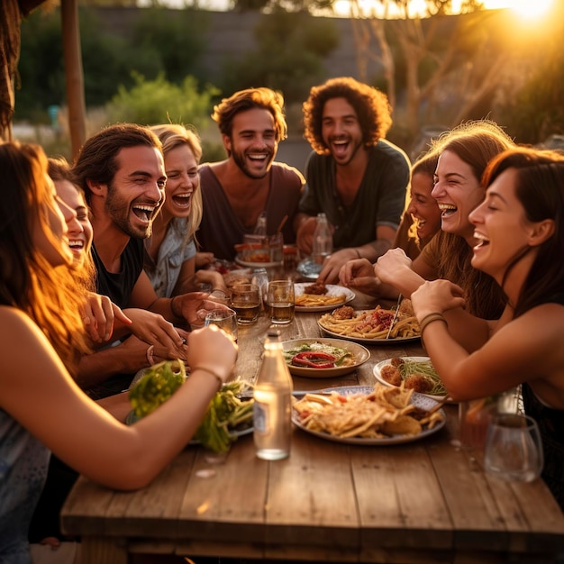 Amici che raccolgono la vita quotidiana mangiando e bevendo insieme