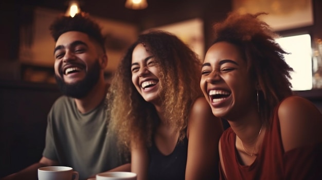 Amici che ridono in un bar utilizzando l'IA generativa