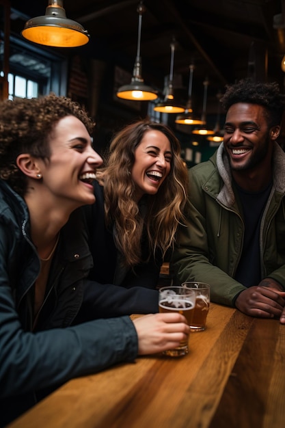 Amici che ridono mentre bevono in un bar.