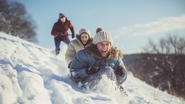 Amici che scendono in slitta da una collina innevata