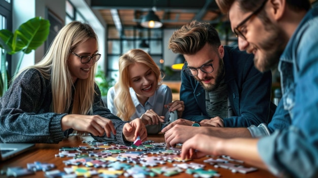 Amici che si divertono con un gioco di puzzle in un accogliente caffè