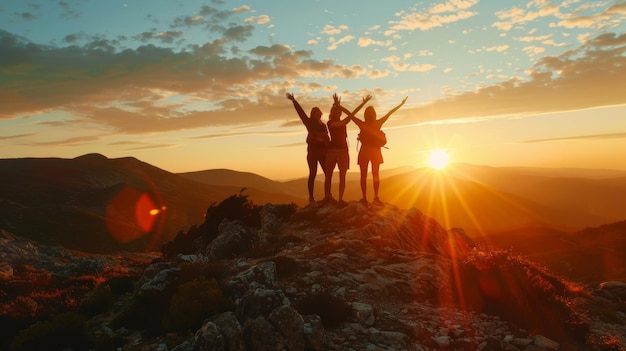 Amici che si godono il tramonto in montagna Spazio per il testo