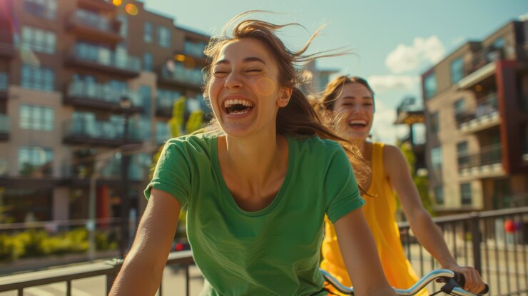 Amici che si godono un giro in bicicletta