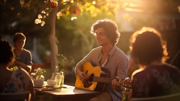 Amici che si rilassano in giardino ascoltando un uomo che suona la chitarra